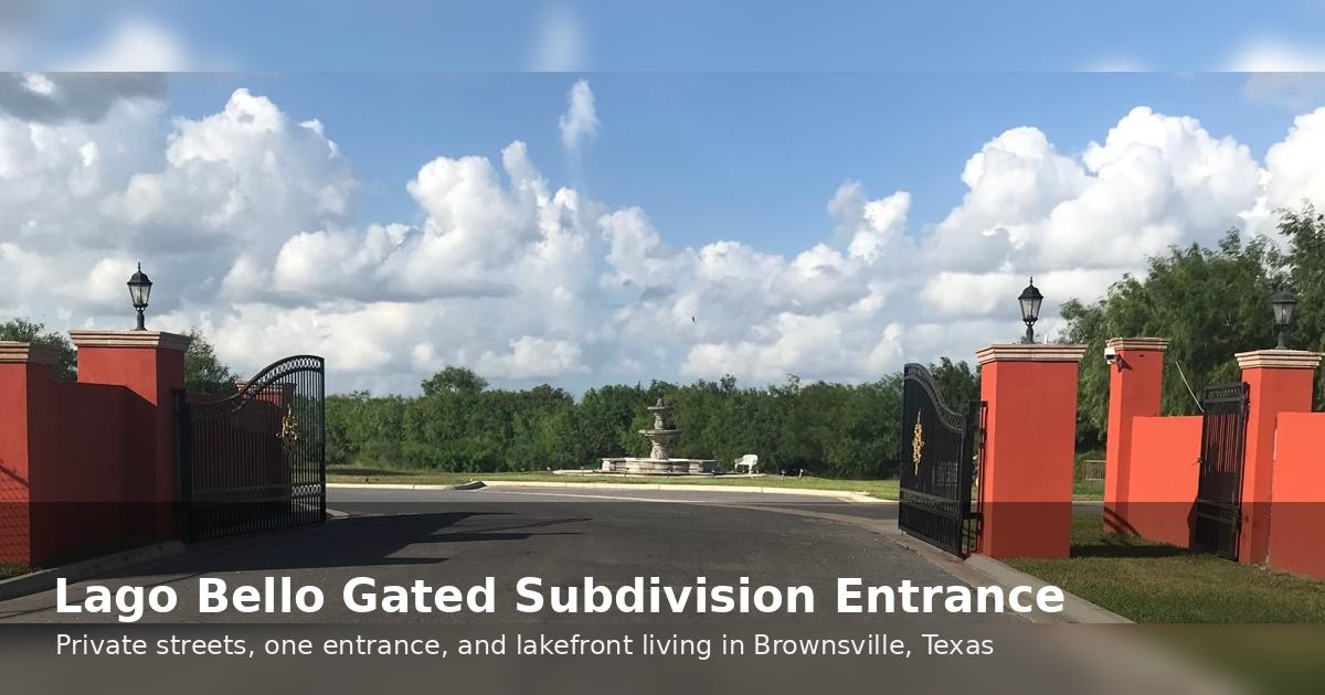 Open wrought-iron gates and stucco pillars at the Lago Bello gated subdivision entrance in Brownsville, Texas.